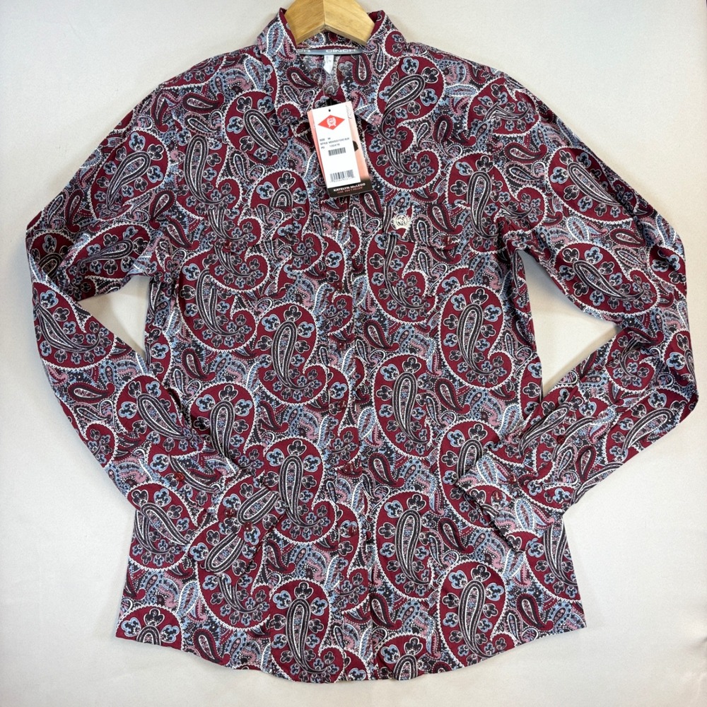 NEW Cinch Paisley Western Shirt Womens Medium Burgundy Pearl Snap Cotton Rodeo - Picture 2 of 15